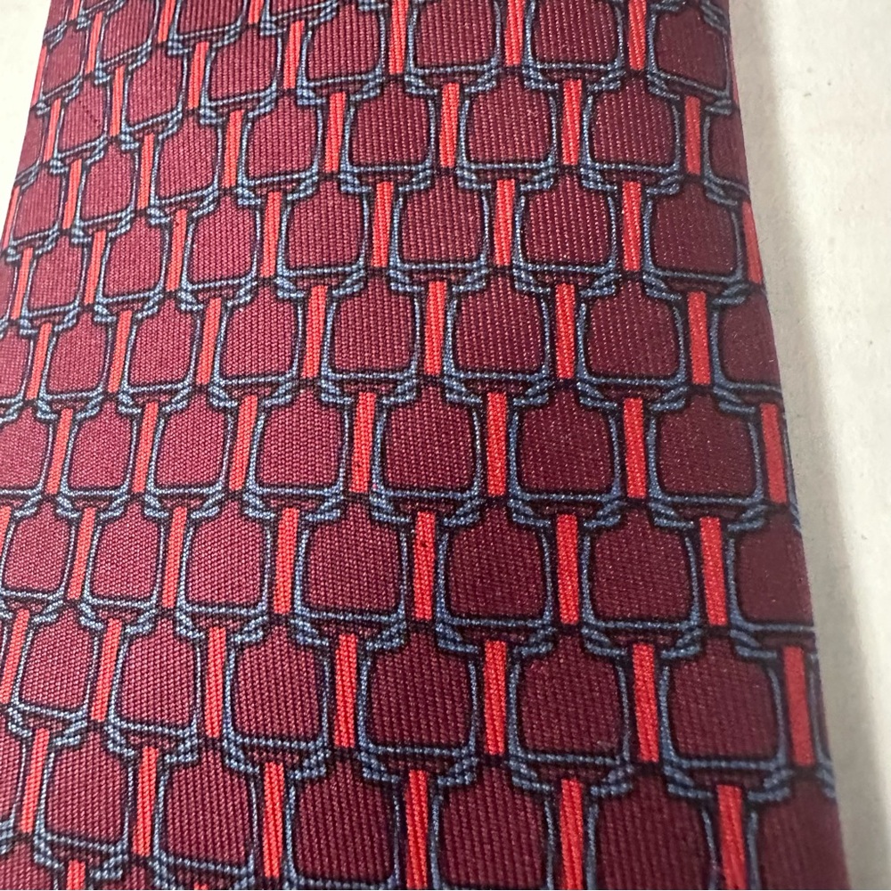 Hermès Silk Tie Luxury Burgundy, Red & Blue Equestrian Geometric Print Silk Tie - Picture 2 of 8